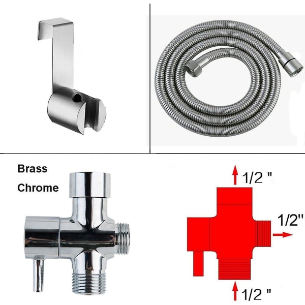 Bidet Toiletspray 304 Rustfrit Stål Med T-adapter 1,5m Ekstra Slange Og Holder Bidet Wc Håndbruser (t-adapter)