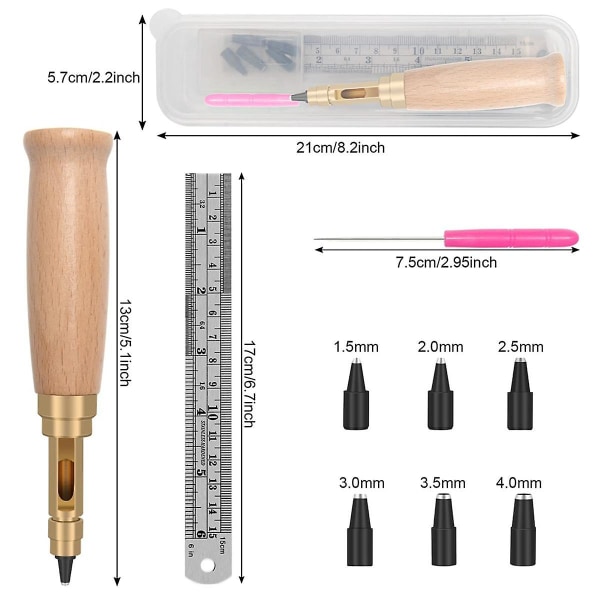 Säädettävä ruuvipunssi, 6 kärkikokoa vyönreikäpunssi, puukahvainen nahkareikäpunssi työkalu ompeluun nahka puun väri