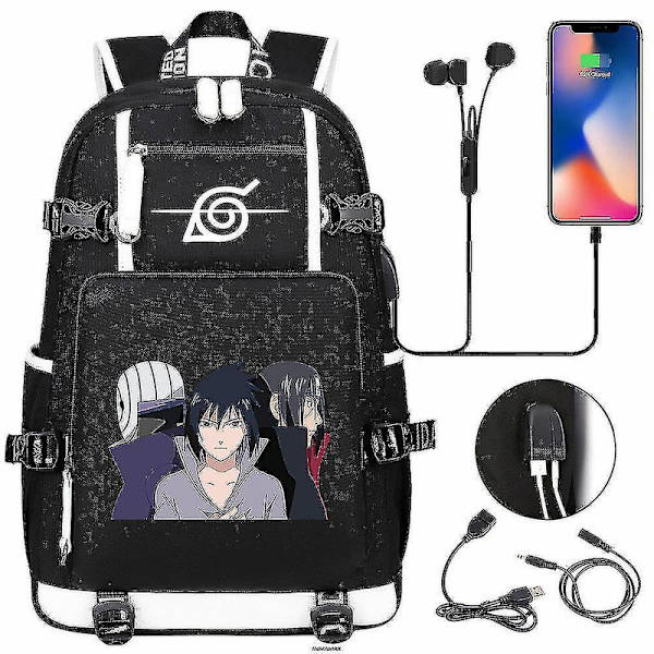 Anime Naruto Akatsuki Itachi Sharingan Ryggsäck Usb Cahrge Gymnasieelever Skolväska Kapacitet Resa Laptop Axelväskor DB Clear