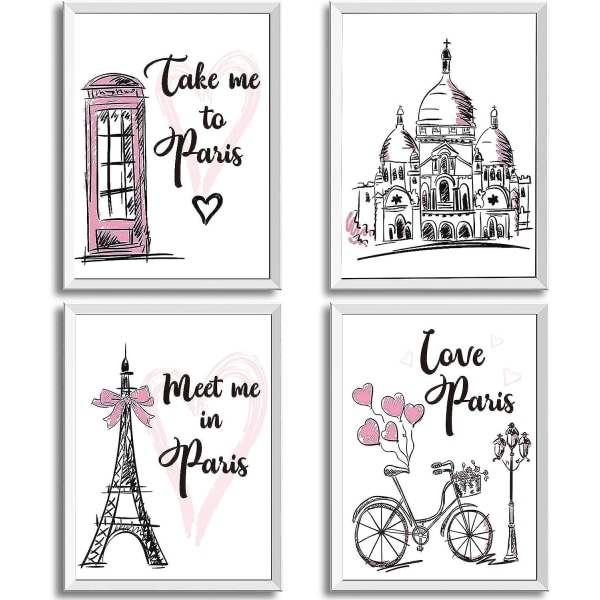 Paris vægkunsttryk - Eiffeltårnet, telefonboks (4 stykker, 8x10 tommer)