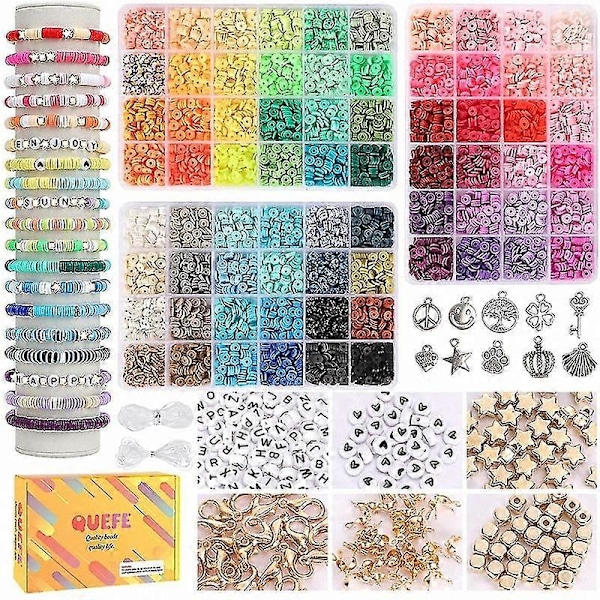 3000 stk Lerperler til Smykkefremstillingssæt, 24 Farver Spacer Heishi Perler Flade Runde Polymer Lerperler med Bogstavperler Smil DB