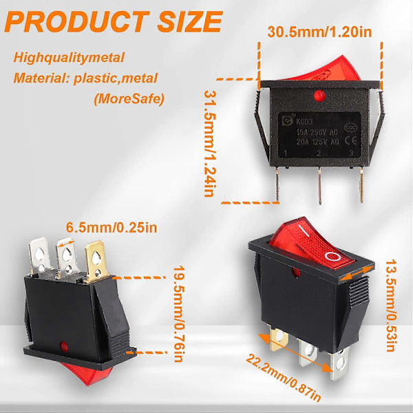 5 kpl punaisia valaistuja keinukytkimiä, ON/OFF 3-nastainen 3-asentoinen venekeinukytkin Snap AC 250V/15A 125V/20A KCD3-101 [Db]