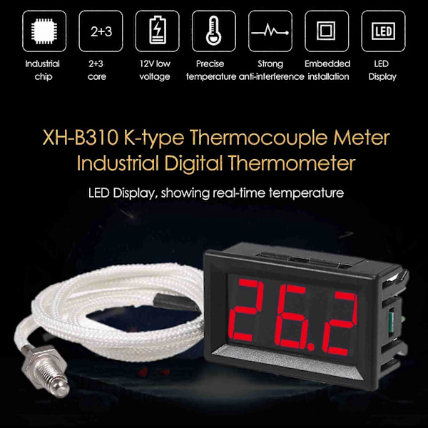 XH-B310 Industrielt Digitalt Termometer 12V Temperaturmåler K-type M6 Termoelement Tester -30~800℃ Termograf Høy Nøyaktighet med LED-Display [db]