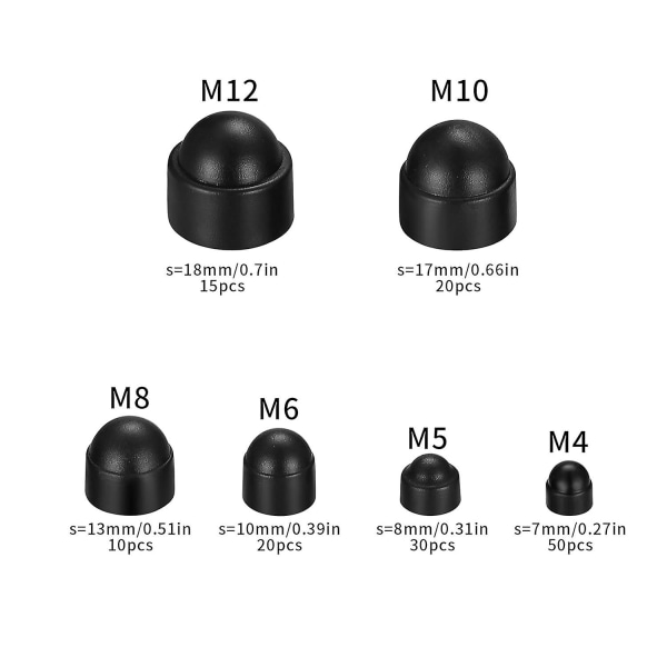 145 st bultkåpor skruvlock, plastkupolmutter, sexkantig mutterskydd, bultlock svart bultmutter- M4/m5/m6/m8/m10/m12