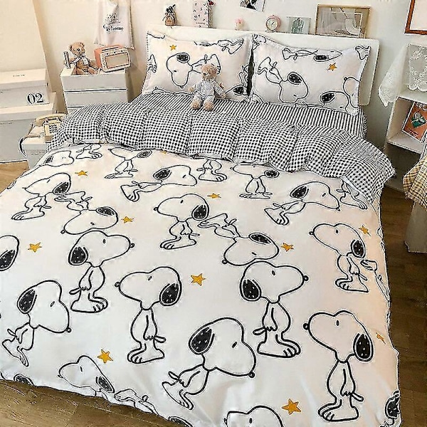 3/4-delars Set Kawaii Snoopy Cartoon Bomulls Quiltöverdrag Lakans Kuddfodral Anime Bekväm Mjuk Hushållsbäddvara Presenter [DB] 3piece set 150x200cm chaoliuzimu