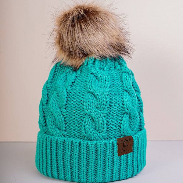 Talvinen Ylisuuri Yksivärinen Kaapelinneule Pom Pom Pipo, Ystävänpäivälahja Hänelle Lake Blue One Size Fits All