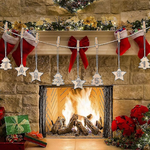 Julkalendersiffror i Trä, Julkalendersiffror för Nedräkning till Jul med 24 Stycken Klämmor, Trädekorationer