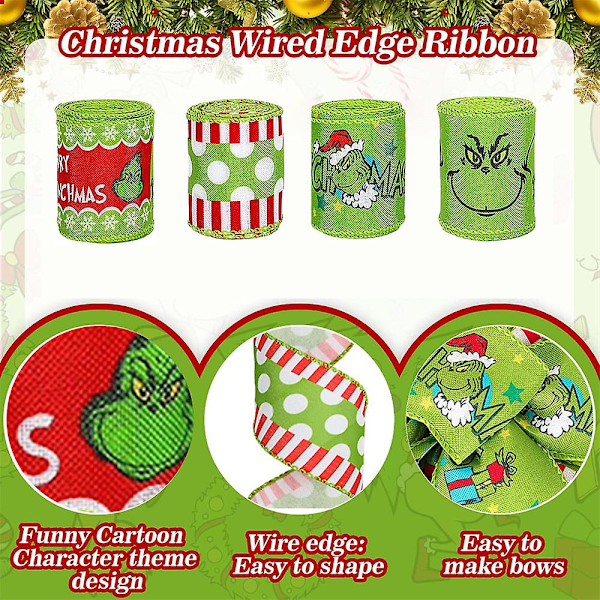 Grinch Julebånd - 4,5 m 2,5 tommer Julegave Grinchs Innpakningsbånd, Pynt til Juletre Krans Sløyfer BD Set of 4