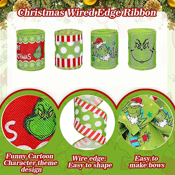 Grinchs Julband - 4,5m 2,5 tum Julgåva Grinchs Inslagningsband, Dekorationer För Julgran Krans Bågar BD Set of 4
