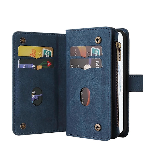 Plånboksdesign PU Läder 15 Kortplatser TPU Telefonskal Fodral för Samsung Galaxy S22 Ultra 5G [DB] Blue