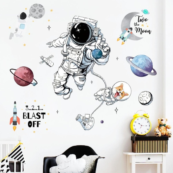 Astronaut Walls Planet Space Corgi Dog Tee itse Irrotettava Vinyyli Suuri seinä Taidekoristeet Lapsille Pojille Makuuhuone Olohuone Pelihuone Wall Pai