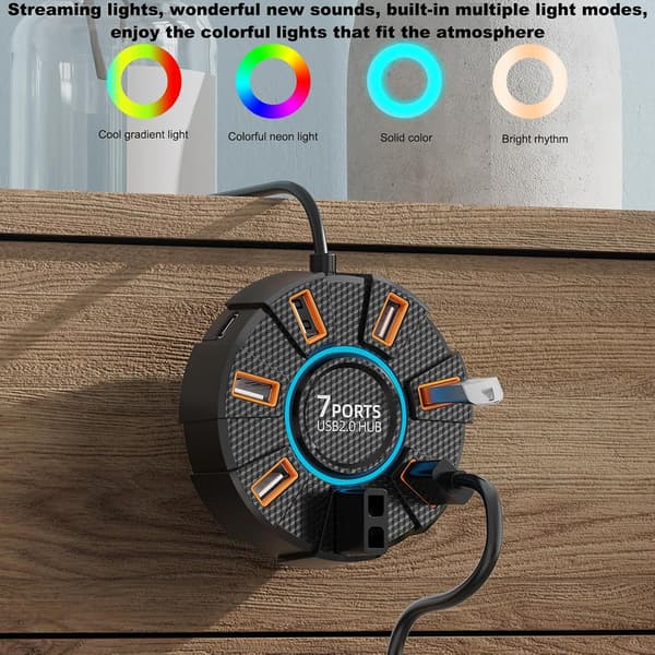 Splitterkabel, adapterporter, rund USB-hub, rund design data 7 porter bærbar praktisk tilbehør fargerike lys solid materiale allsidig[DB]