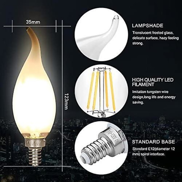 6 st E14 4W LED-glödlampa, flamformad lampa 4x4x13cm  [dB}