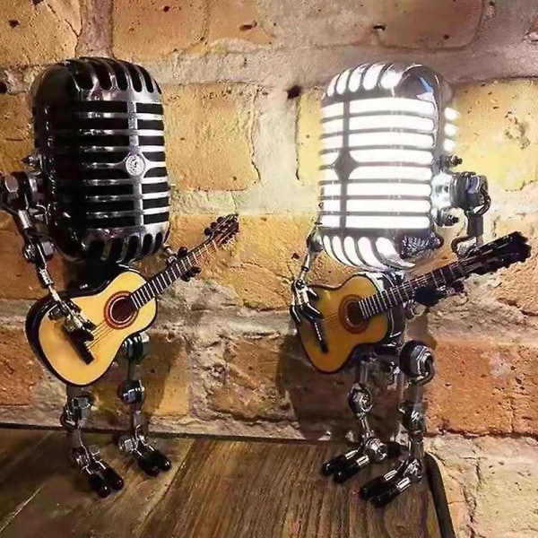 Vintage-mikrofonirobottilamppu soittaa kitaraa Pöytä LED-lamppuvalo Vintage-miniatyyrit db RED