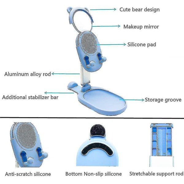 Kannettava taitettava puhelinteline työpöydälle, söpö karhu matkapuhelinteline meikkikauneuspeilillä