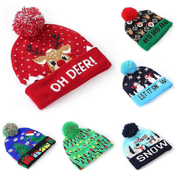 Jultomte, älg och snögubbe LED-ljus stickad mössa med tryck [DB] Elk#