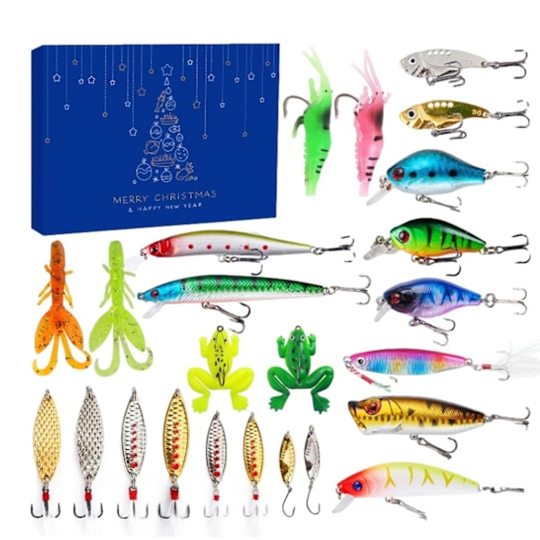 Fiskejulkalender 24/70 st/set Fiskebeten Set Julgåva För Vuxna, 100% Nytt {db} 24 Piece Set of Fish Baits