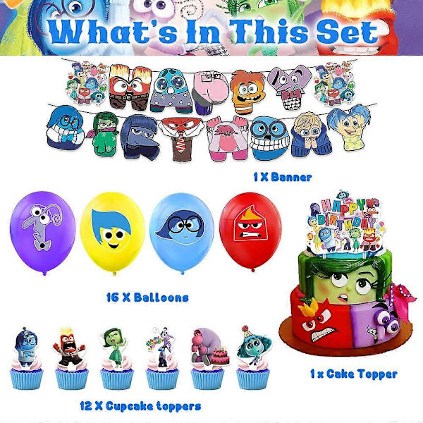 Inside Out Födelsedagsfesttillbehör Ballonger Banner Tårta Toppers Set Dekoration [DB]