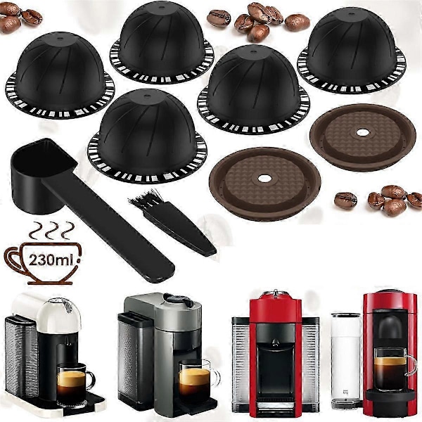 5 st Återanvändbara Vertuo Kapslar för Maskin, Kaffekapsel med 2 Silikonlock 1 Sked och Borste, (230M [DB] BlackBrown