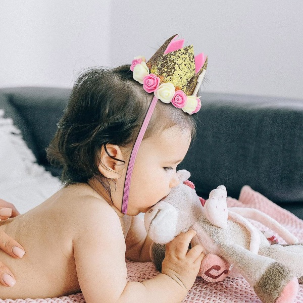 1. fødselsdagsfest hat hovedbånd glitter krone hovedbeklædning blomst elastisk hårbånd til baby