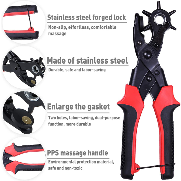 Læderhulning, læderhulning med slibehåndtag og 6 forskellige skivehulstørrelser, (rød)