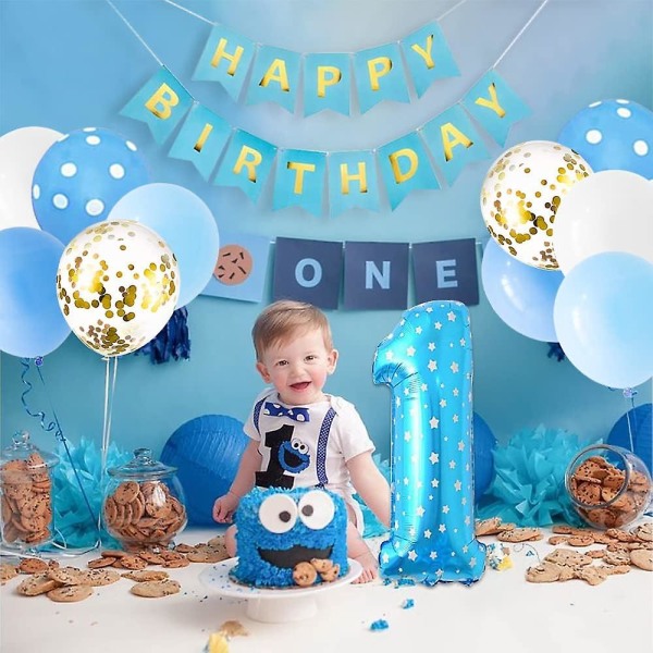 Sininen 1. syntymäpäiväjuhlakoristeet pojille, Hyvää syntymäpäivää -banneri, kakunpäällinen, ilmapallo numero 1