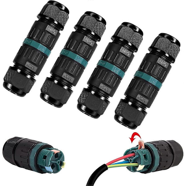 Sæt af 4 IP68 Vandtætte Elektriske Stik - 3-polet Vandafvisende Stik til 5-12 mm Kabeldiameter, Udendørs Vandafvisende Fordelingsboks [DB]