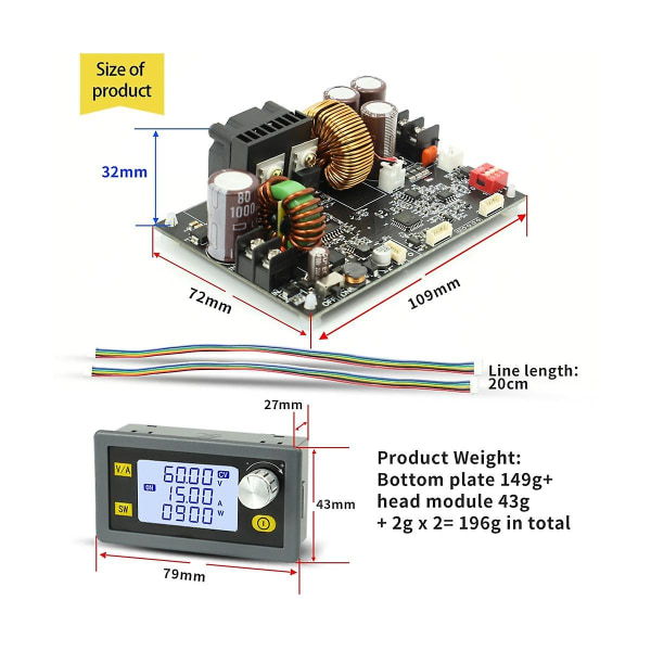 Xy6015l Justerbar DC Stabiliseret spænding Strømforsyning Konstant spænding og konstant strøm 15a/900w Step-down modul,a
