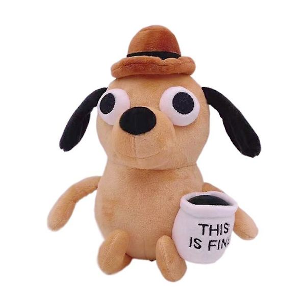 25cm This Is Fine Meme Hund Plys Kaffe Kop Plys Legetøj Dukke Gave Ornament [DB] Brown 25cm