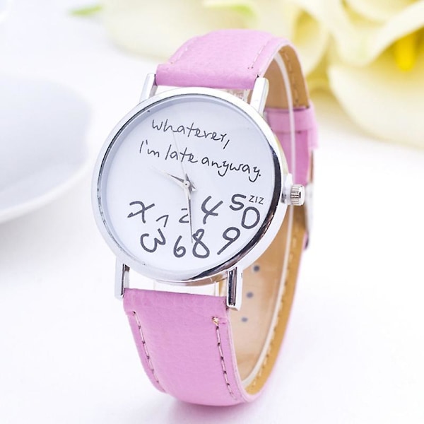 Damklocka \"Whatever I'm Late Anyway\" Text Rund Urtavla Konstläderarmband Quartz db Brown