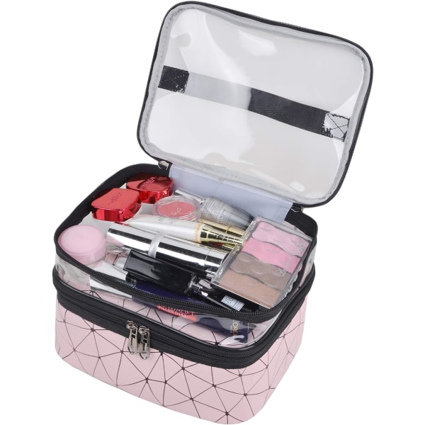 Makeup-väskor Dubbla lager Resekosmetiska väskor Make up Organizer Toiletry Bags(Rosa)