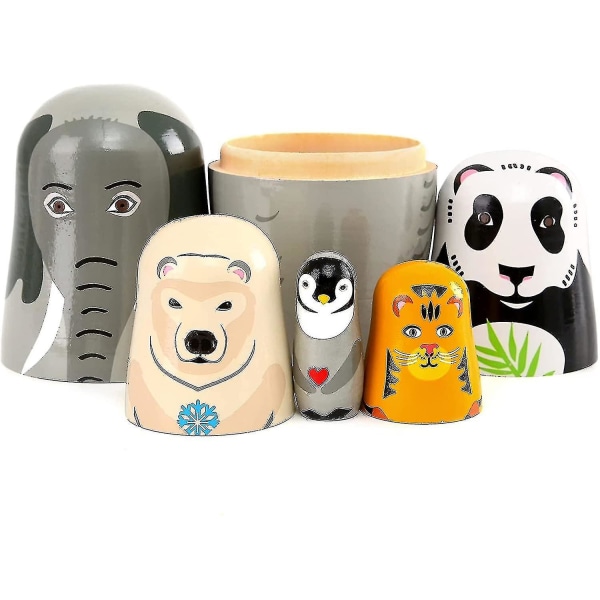 Handgjorda trä djurmatryoshka dockor Elefant Panda Matryoshka dockor - 5 stycken db
