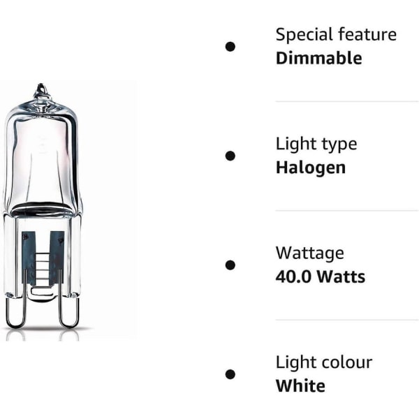 10 stk. G9 halogenpærer Premium G9 40W pærer, dæmpbare 230V 2700K varm hvid G9 pære til bordlamper [DB] 40W