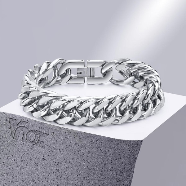 12/15MM bredd rostfritt stål kubansk kedja armband för män, silverfärg mode hip hop man pojke armband smycken DB 12MM Width 19cm