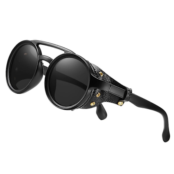 KEITHION Glacier Tuulenpitävät Vuorikiipeily Steampunk-tyyliset Pyöreät Vintage Aurinkolasit, Retro Silmälasit Miehille Naisille Nahkaisilla Sivusuojilla, C [db] Black