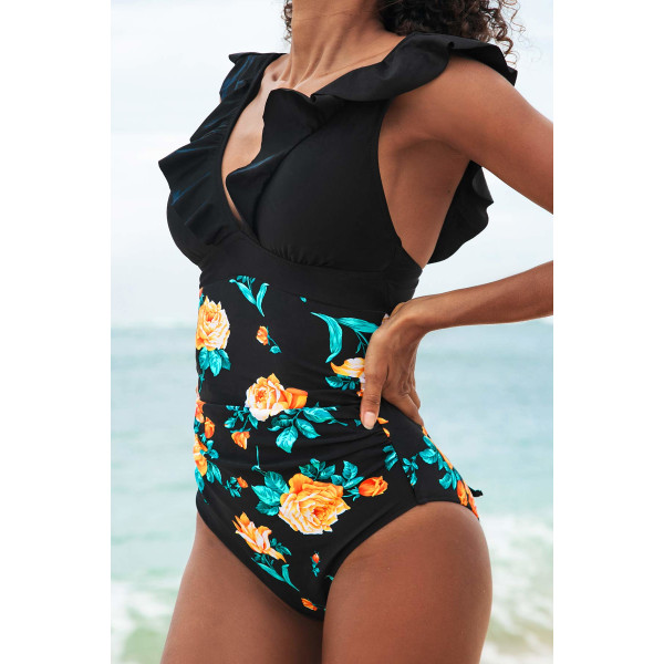 Naisten yksiosainen uimapuku Ruffle Tie Beach Swimwear Belly Swimsuit (musta kukka)