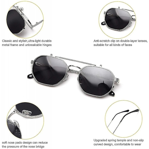 Käännettävät Aurinkolasit Miehille ja Naisille Polarisoitu Steampunk Käännettävät Aurinkolasit Kaksoislinseillä UBM Db Silver Frame-Gray Lens