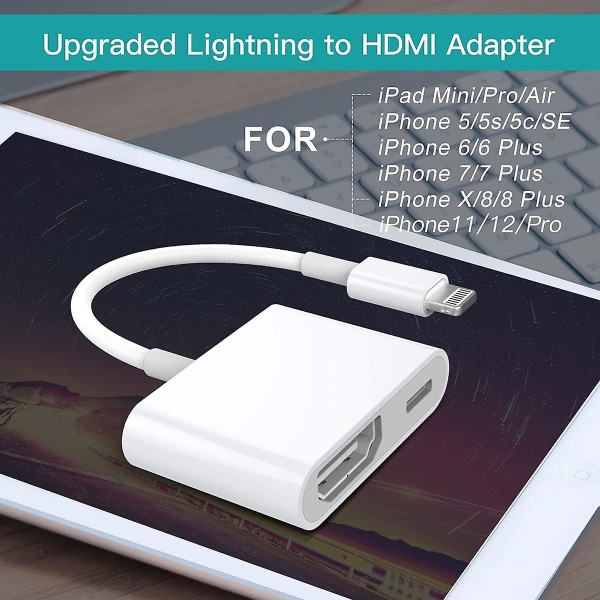 HDMI-adapter, HDMI-adapter for Iphone 1080p Lightning Digital Av-adapter, HDMI-synkronisering Skjerm HDMI-kontakt for Iphone og Ipa