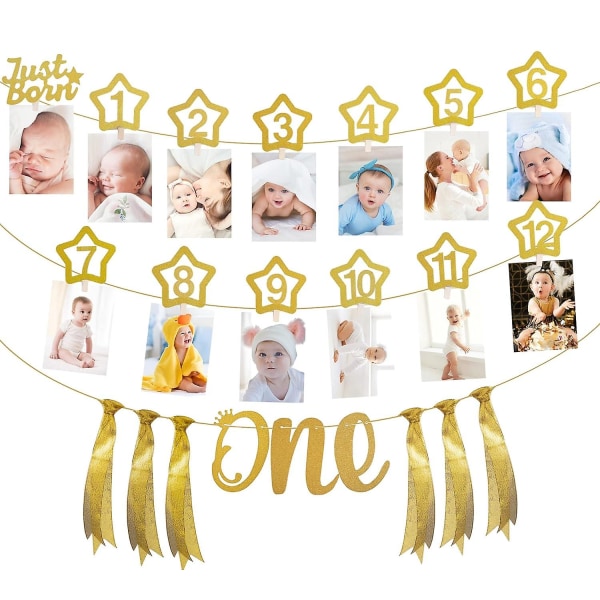 Birthday Baby Photo Banner - Glitter Picture Clip Monthly Milestone Photograph Bunting Garland