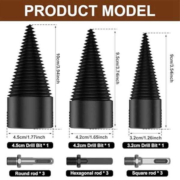 12 stk. Vedkløyver, med 9, kraftig elektrisk drillskrue, for elektrisk drill [DB] Black