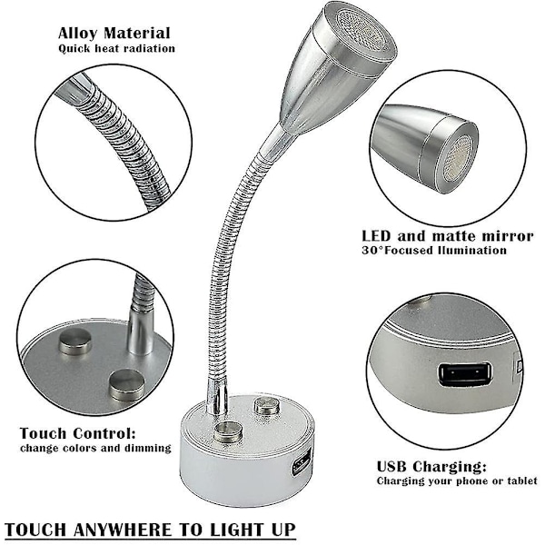 12v-24v LED-lukuvalo, himmennettävä asuntoauton lukulamppu USB-laturilla, asuntovaunun matkailuautoon perävaunuun asuntoauton sängyn viereen, 2 kpl - musta Db silver