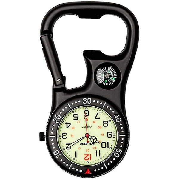 Sort Clip-On Karabiner Lommeur Med Kompas Og Flaskeåbner, Lommeur Til Læger Sygeplejersker Paramedicinere Kokke db