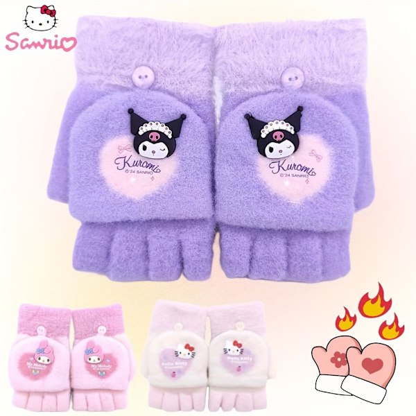 1 Par Sanrio Hello Kitty Kuromi Melody Vinterstrikede Halvfingerhandsker Udendørs Koldbeskyttelse Og Varme Søde Handsker Velegnet Hello Kitty