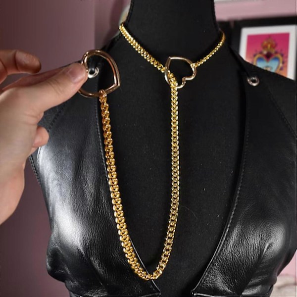 Hjerte O-ring Slip Chain Halskæde til Kvinder Rustfrit Stål Cuban Chain Hjerte Halskæde Punk Rock Krave Halskæde Håndlavet Justerbar Lariat Y DB Gold