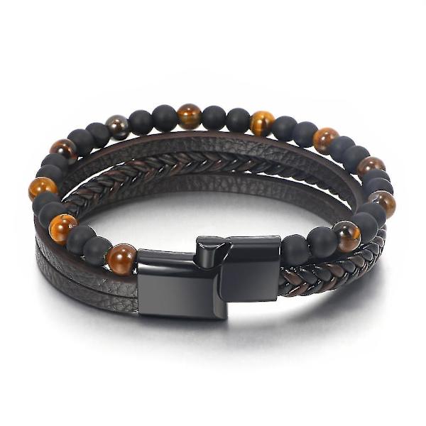 Trendig armband i vulkaniskt rockläder och rostfritt stål, flätat punkigt armband i flera lager för män, födelsedagspresent [DB] 1huang 19cm