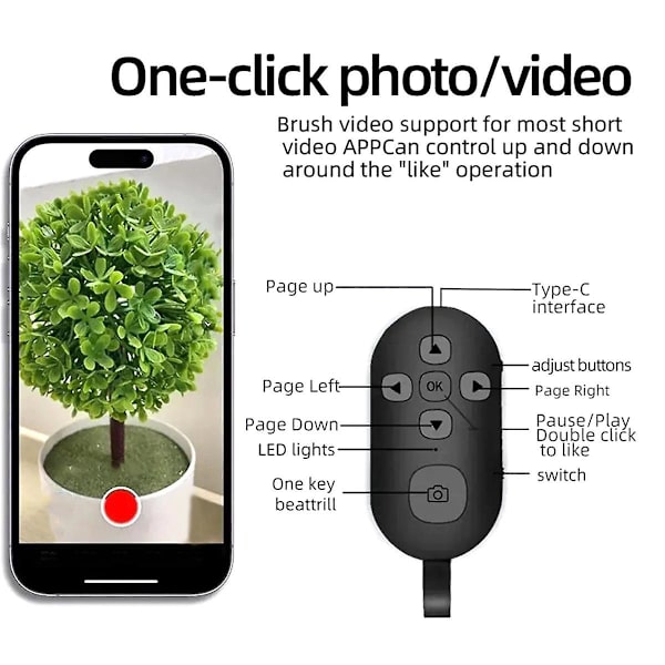Bluetooth 5.0 Mobiltelefon Fjernbetjening Knap Til Mobiltelefon Selfie Udløser E-bog Sidevending{DB} Black