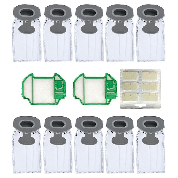 10 støvposer, 2 forfiltre, 1 dufttabletter/pinner til Kobold VK7 FP7 trådløs støvsuger. [db] As Shown