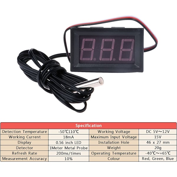 12V Digital Termometer Mini Temperaturtestare Vattentät Digital Temperaturmätare Mätare för Kylskåp Akvarium Frysar, Blå