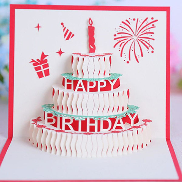 Kreativ fødselsdagskage stearinlys 3d pop op papir lykønskningskort festivalgave Jikaix Red