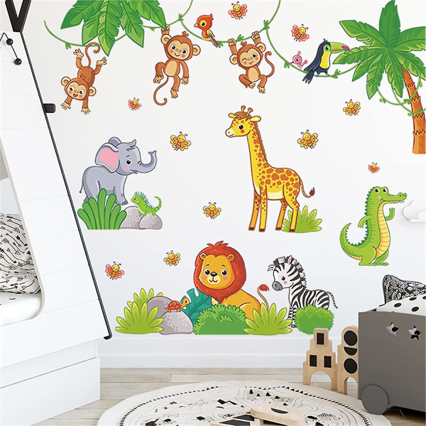 Söt tecknad Wildlife Animal World Väggdekal för barn Avtagbar Lejon Apa Giraffe Elefant Zebra Krokodil Väggdekor Gör-det-själv-dekoration